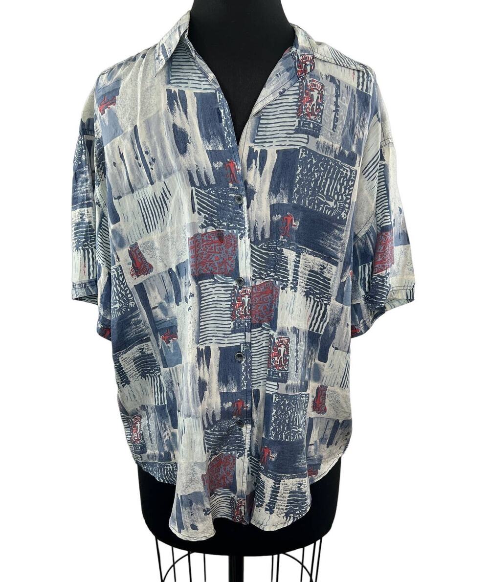 VTG Sophisticates Jonathan Martin Blue Patchwork Silk SS Button-Up Shirt Top M